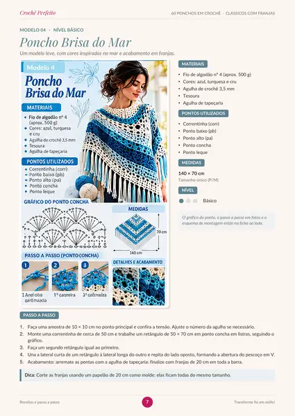 Modelo 4, Poncho Brisa do Mar: materiais, pontos, gráfico, medidas e passo a passo