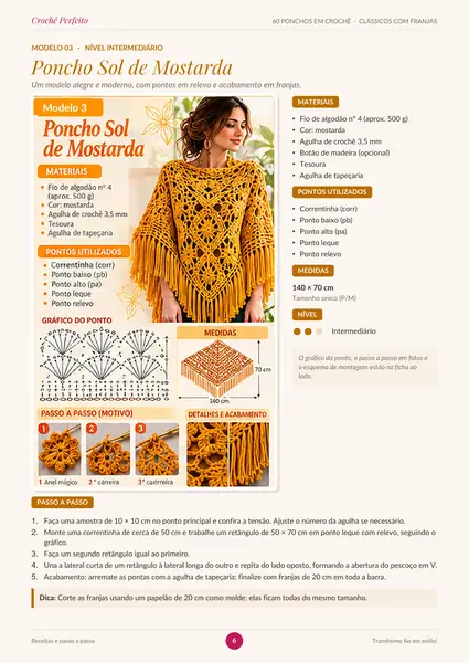 Modelo 3, Poncho Sol de Mostarda: materiais, pontos, gráfico, medidas e passo a passo