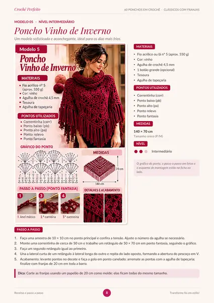 Modelo 5, Poncho Vinho de Inverno: materiais, pontos, gráfico, medidas e passo a passo