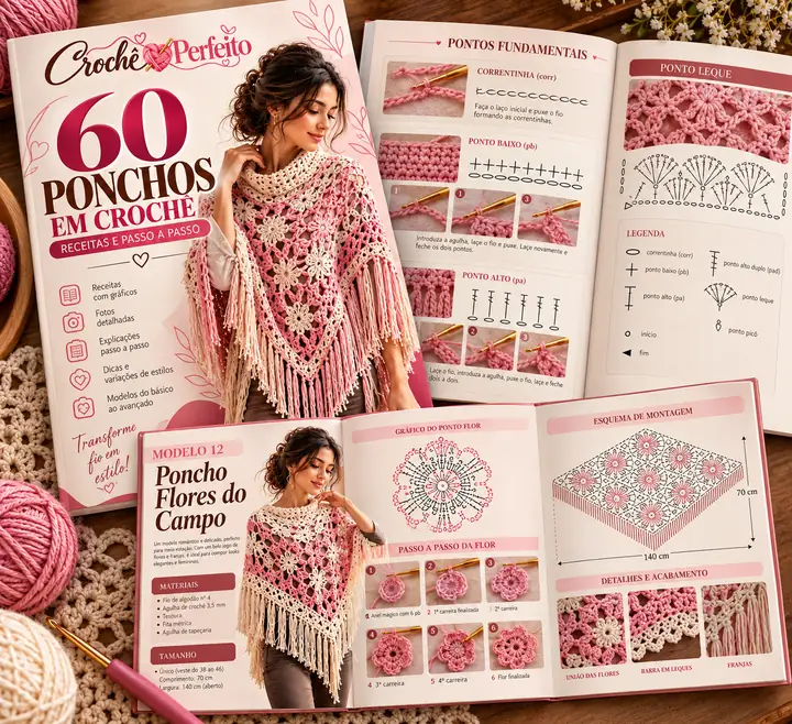 Páginas do guia: pontos fundamentais com gráficos e o Modelo 12, Poncho Flores do Campo, com materiais, tamanho, passo a passo da flor e esquema de montagem